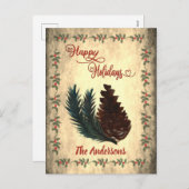 Cartes Pour Fêtes Annuelles Joyeuses Fêtes calligraphie rouge cône de pin vint (Devant / Derrière)