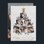 Cartes Pour Fêtes Annuelles Joyeuses fêtes | Christmas Tree Photo Collage Holi<br><div class="desc">Fêtez la saison avec ce carte photo moderne ! Une carte de vacances festive qui présente six de vos photos préférées disposées en forme d'arbre de Noël, agrémentées de branches de pin dessinées à la main, de cônes de pin, de parties scintillant en faux or et d'une étoile d'or sur...</div>