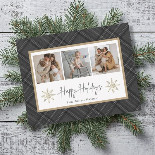 Cartes Pour Fêtes Annuelles Joyeuses fêtes Gris Noir Plaid Snowflake Photo Ho