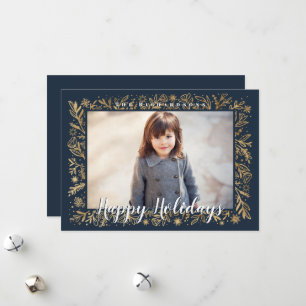 Cartes Pour Fêtes Annuelles Joyeuses fêtes Marine & Gold Foliage & Snowflakes