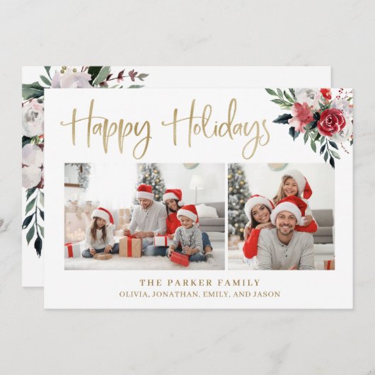 Cartes Pour Fêtes Annuelles Joyeuses fêtes | Or avec deux photos et fleurs (Devant / Derrière)