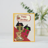 Cartes Pour Fêtes Annuelles Joyeuses Fêtes Ours en Peluche Coeur Maisons Rétro (Debout devant)