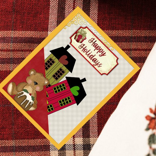 Cartes Pour Fêtes Annuelles Joyeuses Fêtes Ours en Peluche Coeur Maisons Rétro