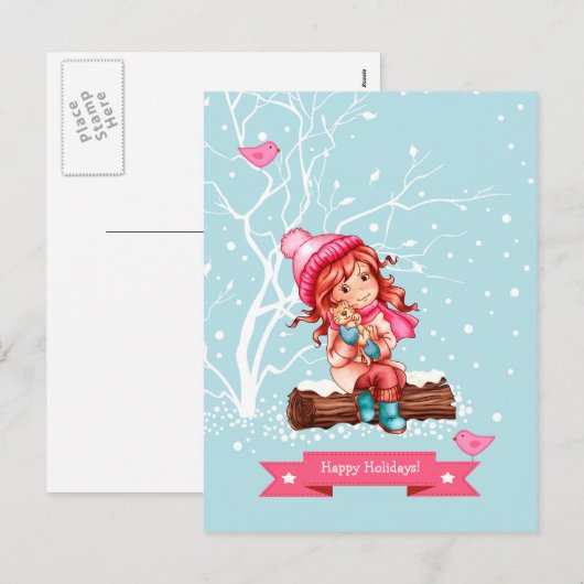 Cartes Pour Fêtes Annuelles Joyeuses fêtes. Petite fille et Kitty Noël (Devant / Derrière)