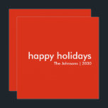 Cartes Pour Fêtes Annuelles Joyeuses fêtes | Red Modern Style Noël<br><div class="desc">Simple et élégant "happy holiday" citation carte de voeux avec typographie moderne en blanc sur un arrière - plan rouge vif dans un style minimaliste scandinave "scandi". La carte peut être facilement personnalisée avec votre propre salutation de vacances, nom de famille et année pour faire une carte de vacances vraiment...</div>