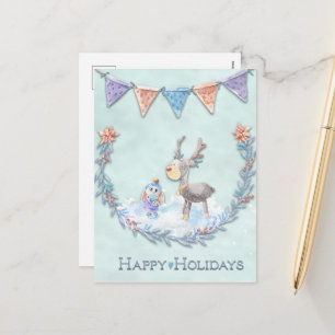 Cartes Pour Fêtes Annuelles Joyeuses Fêtes Renne Lapin Couronne Scène de Neige
