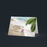 Cartes Pour Fêtes Annuelles Joyeuses vacances à California Beach<br><div class="desc">Happy Holidays from California texte en sable de plage avec sandman,  fronde de palmier,  et étoiles de mer au bord du surf de l'océan.</div>