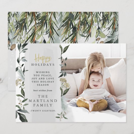 Cartes Pour Fêtes Annuelles Joyeuses vacances aquarelle feuillage photo (Devant / Derrière)