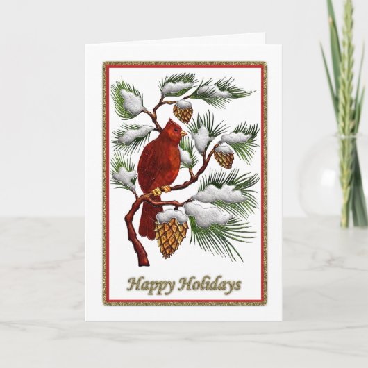 Cartes Pour Fêtes Annuelles Joyeuses Vacances - Cardinal Rouge Avec Cônes De P (Devant)