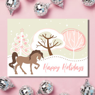 Cartes Pour Fêtes Annuelles Joyeuses vacances Cheval Brown Pink hiver Noël
