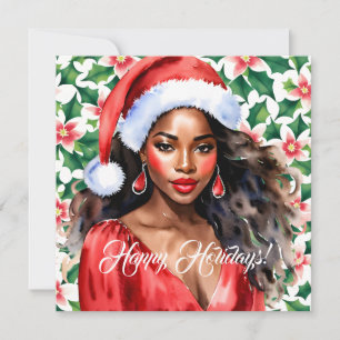 Cartes Pour Fêtes Annuelles Joyeuses vacances Femme noire Santa Hat