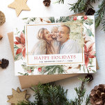 Cartes Pour Fêtes Annuelles Joyeuses vacances Noël Verdure Photo Vacances Ca<br><div class="desc">Rustique hiver Joyeux Noël Famille ou Carte photo d'affaires avec Fleurs Blanches Florales de vacances,  Fleurs de verdure et Poinsettia Rouge avec un Arrière - plan simple.</div>