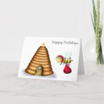 Cartes Pour Fêtes Annuelles Joyeuses vacances Père Noël Bee Beehive<br><div class="desc">Carte de vacances unique avec une abeille du Père Noël allant à une ruche pour quitter les cadeaux. Le sentiment est "Joyeuses Fêtes" mais il peut être personnalisé. Idéal pour une touche supplémentaire dans votre entreprise de miel! Illustré et dessiné par Patricia Alvarez.</div>