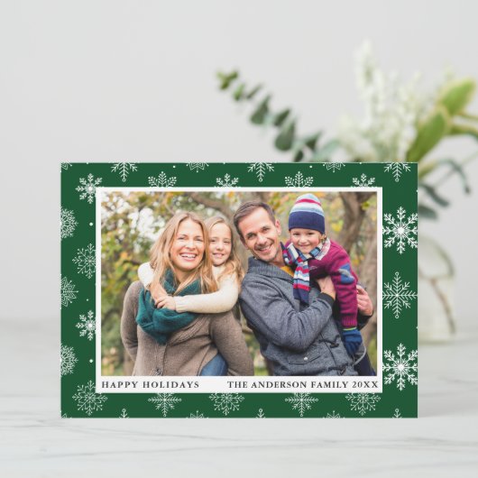 Cartes Pour Fêtes Annuelles Joyeuses vacances Photo Snowflakes Green (Debout devant)