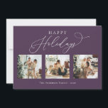 Cartes Pour Fêtes Annuelles Joyeuses vacances Purple Plum Multi Photo Collage<br><div class="desc">Créez de beaux souvenirs cette saison de vacances avec cette carte de vacances multi-photo collage. Cette carte présente un script minimaliste moderne avec vos photos préférées sur le devant et une sur le dos. Personnalisez cette carte entièrement personnalisable avec votre salutation,  message,  nom de famille et année.</div>