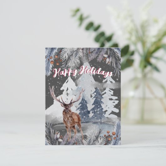 Cartes Pour Fêtes Annuelles Joyeuses vacances Reindeer hiver Aquarelle scène (Debout devant)