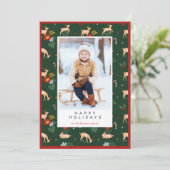 Cartes Pour Fêtes Annuelles Joyeuses Vacances Rennes Vertes Motif Floral Photo (Debout devant)