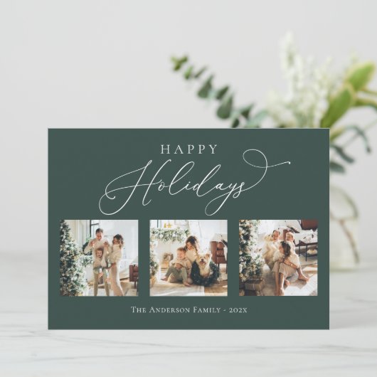 Cartes Pour Fêtes Annuelles Joyeuses vacances Rustic Green Multi Photo Collage (Debout devant)