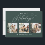 Cartes Pour Fêtes Annuelles Joyeuses vacances Rustic Green Multi Photo Collage<br><div class="desc">Créez de beaux souvenirs cette saison de vacances avec cette carte de vacances multi-photo collage. Cette carte présente un script minimaliste moderne avec vos photos préférées sur le devant et une sur le dos. Personnalisez cette carte entièrement personnalisable avec votre salutation,  message,  nom de famille et année.</div>
