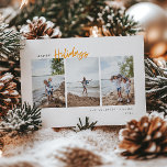 Cartes Pour Fêtes Annuelles Joyeuses vacances Script moderne minimaliste photo<br><div class="desc">Happy Holidays,  design de typographie minimaliste moderne,  3 photos verticales centrées,  carte de vacances. Caractéristiques,  script jaune moderne "Vacances" et coordination de l'appui couleur jaune solide. Lignes de texte modèles pour votre nom et votre année.</div>