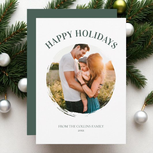 Cartes Pour Fêtes Annuelles Joyeuses Vacances Vert Photo Famille Moderne Noël