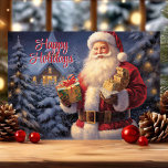 Cartes Pour Fêtes Annuelles Joyeuses vacances Vintage Classic Père Noël avec c<br><div class="desc">Célébrez la saison avec cette charmante carte de Noël avec un Père Noël classique tenant des cadeaux superbement emballés. Conduite à un arrière - plan d'hiver enneigé avec une maison confortable au loin, cette carte de vacances festive apporte chaleur et nostalgie à tout destinataire. Parfait pour répandre la joie pendant...</div>