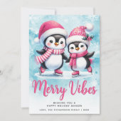 Cartes Pour Fêtes Annuelles Joyeuses Vibes mignonnes pingouins bleu rose Noël (Devant)