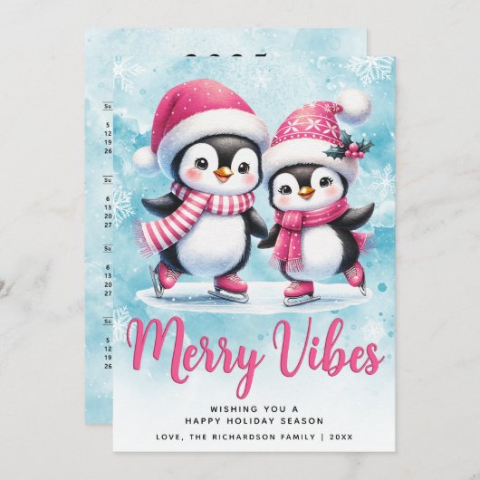 Cartes Pour Fêtes Annuelles Joyeuses Vibes mignonnes pingouins bleu rose Noël (Devant / Derrière)