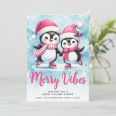 Cartes Pour Fêtes Annuelles Joyeuses Vibes mignonnes pingouins bleu rose Noël (Debout devant)