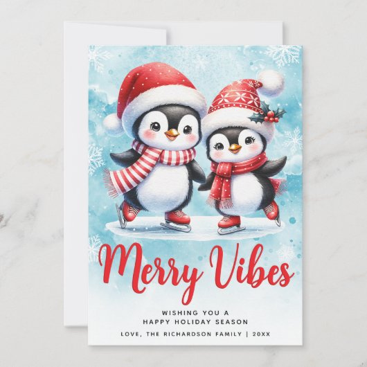 Cartes Pour Fêtes Annuelles Joyeuses vibes mignonnes pingouins Bleu Rouge Noël (Devant)