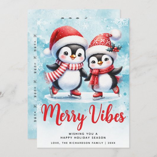 Cartes Pour Fêtes Annuelles Joyeuses vibes mignonnes pingouins Bleu Rouge Noël (Devant / Derrière)