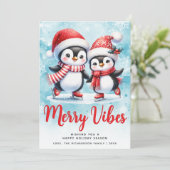 Cartes Pour Fêtes Annuelles Joyeuses vibes mignonnes pingouins Bleu Rouge Noël (Debout devant)