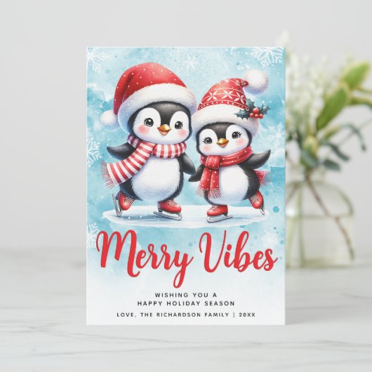 Cartes Pour Fêtes Annuelles Joyeuses vibes mignonnes pingouins Bleu Rouge Noël (Debout devant)