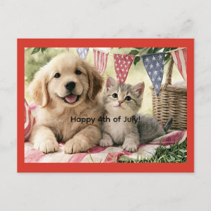 Cartes Pour Fêtes Annuelles Joyeux 4 juillet, joli chiot et chat tigré,