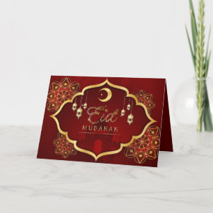 Cartes Pour Fêtes Annuelles Joyeux Aïd Moubarak Cresent Star Gold Red Floral