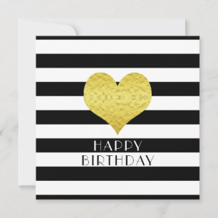 Cartes Pour Fêtes Annuelles Joyeux Anniversaire Gold Heart Black White Stripes