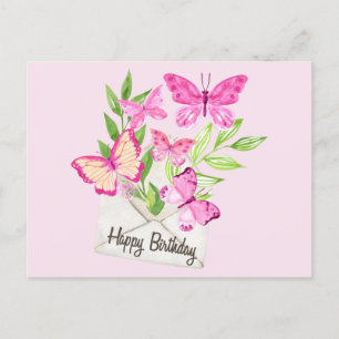 Cartes Pour Fêtes Annuelles Joyeux Anniversaire Papillons rose, Feuille