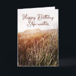 Cartes Pour Fêtes Annuelles Joyeux anniversaire Step-Mother - Rustic Birthday<br><div class="desc">Carte d'anniversaire personnalisée avec photo de coucher de soleil rustique avec "Happy Birthday Step-Mother" en typographie script. Intérieur et dos colorés. Également disponible pour Téléchargement Instant pour partager facilement avec vos amis et votre famille.</div>