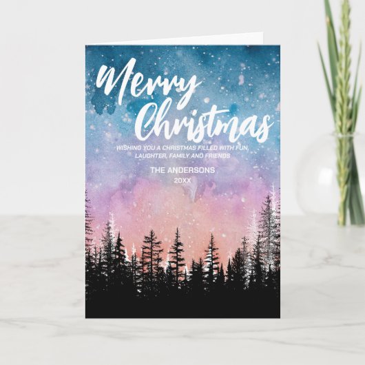 Cartes Pour Fêtes Annuelles Joyeux arbre de Noël Forêt de script de nuit (Devant)