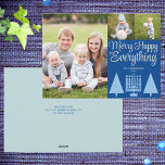 Cartes Pour Fêtes Annuelles Joyeux bleu interconfessionnel Arbre Menorah Cute<br><div class="desc">Les modèles photo font de la conception de vos 3 cartes de fin de année de collage photo un coup avec ce script élégant moderne Joyeux Happy Tout design en bleu pastel et bleu foncé. Ajoutez votre grande photo préférée sur la gauche de ces cartes personnalisées puis ajoutez deux petites...</div>