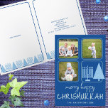 Cartes Pour Fêtes Annuelles Joyeux bleu interconfessionnel écriture mignonne 3<br><div class="desc">Custom Merry Happy Chrismukkah cartes de voeux de vacances avec vos photos sont une façon mignonne de répandre la joie de vacances pendant les vacances. Créé avec les familles interreligieuses à l'esprit, ce design unique comprend des polices de style décontracté et amusantes en bleu pâle sur un riche arrière -...</div>