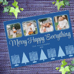 Cartes Pour Fêtes Annuelles Joyeux bleu interconfessionnel Menorah Tree mignon<br><div class="desc">Personnalisez ces 4 cartes de fin de année de collage photo dans un simple design interconfessionnel bleu pastel et bleu foncé Joyeux Happy Everything. Une police stylisée élégante en bleu pâle avec une légère ombre portée en marine foncée ajoute de l'intérêt et la rangée de cinq Menorahs bleu clair et...</div>
