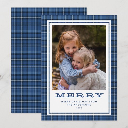Cartes Pour Fêtes Annuelles Joyeux bleu Plaid photo simple (Devant / Derrière)