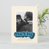 Cartes Pour Fêtes Annuelles Joyeux Blue Retro Script Photo de Noël (Debout devant)