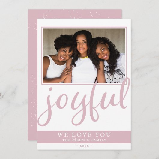Cartes Pour Fêtes Annuelles Joyeux Blush Pink Script moderne Photo de Noël (Devant / Derrière)