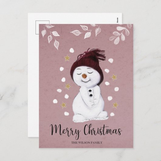 Cartes Pour Fêtes Annuelles Joyeux bonhomme de neige rose Noël (Devant / Derrière)