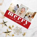 Cartes Pour Fêtes Annuelles Joyeux Bright Trois Photo Rouge Blanc Noël<br><div class="desc">Elégante carte de vacances de Noël moderne avec trois collages photo et des voeux de Fêtes en blanc sur l'arrière - plan rouge : Joyeux et lumineux, dans un mélange de typographie classique et de chic écriture manuscrite moderne. Le verso de la carte contient votre message de Noël personnalisé avec...</div>