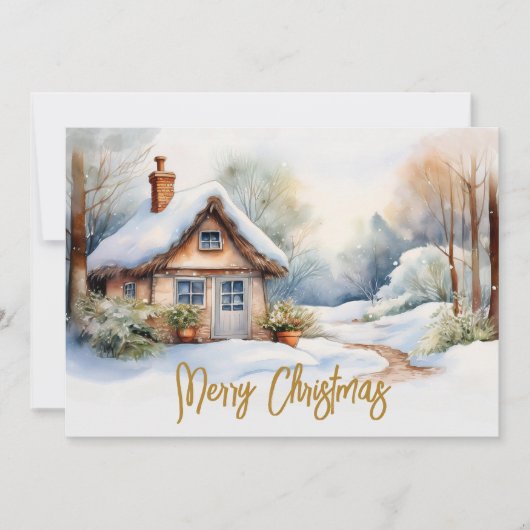 Cartes Pour Fêtes Annuelles Joyeux Cabine de Noël dans un paysage enneigé (Devant)
