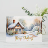 Cartes Pour Fêtes Annuelles Joyeux Cabine de Noël dans un paysage enneigé (Debout devant)