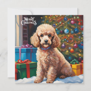 Cartes Pour Fêtes Annuelles Joyeux caniche de Noël avec arbre de Noël, Cadeaux